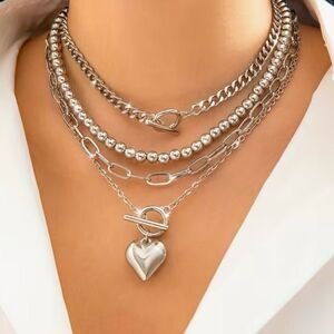 🩶 NEW Silver Plated Four Layered Heart & Lock Retro Necklace 🩶